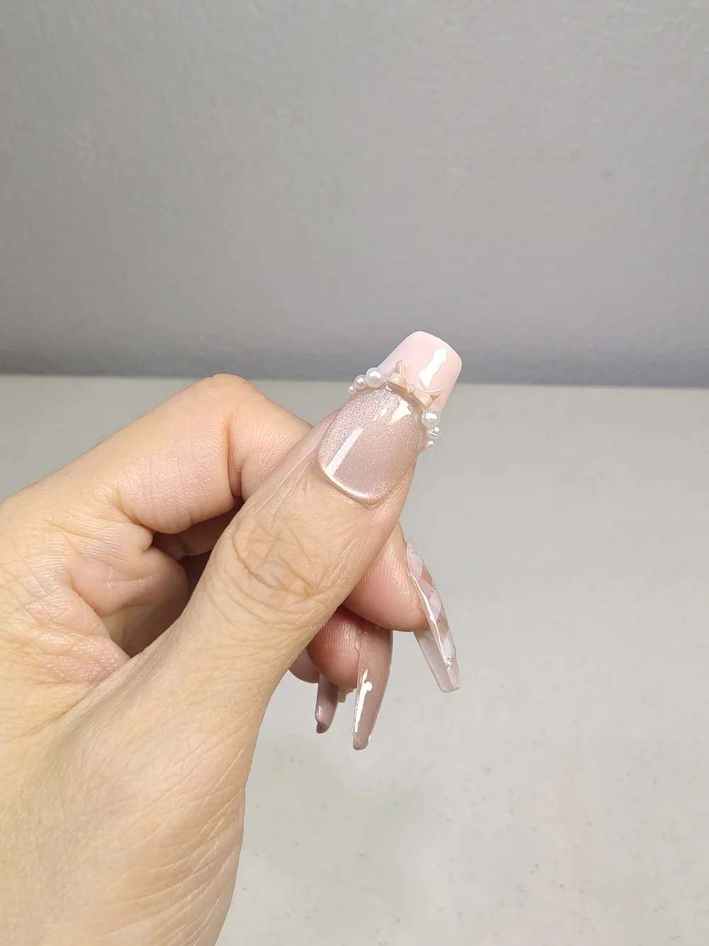 Nude‑Pink Long Coffin Press On Nails With Pink Bows Pearls & Polka Dot
